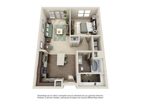 Floor plan for 1 bed, 1 bath, 767 sqft
